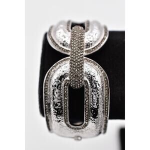Nadri Silver Hammered Hinged Bangle Bracelet Pave Rhinestone Wide Signed BinBR
